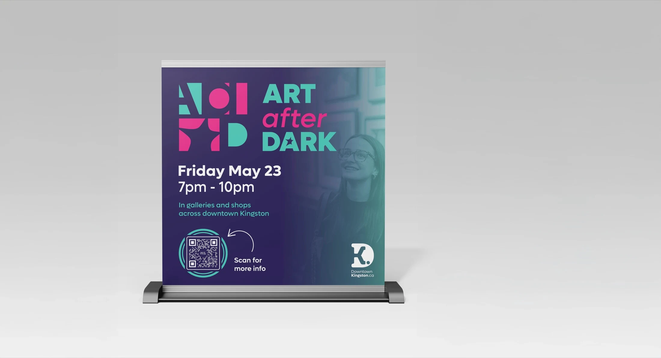 Art After Dark campaign displayed in a freestanding promotional banner